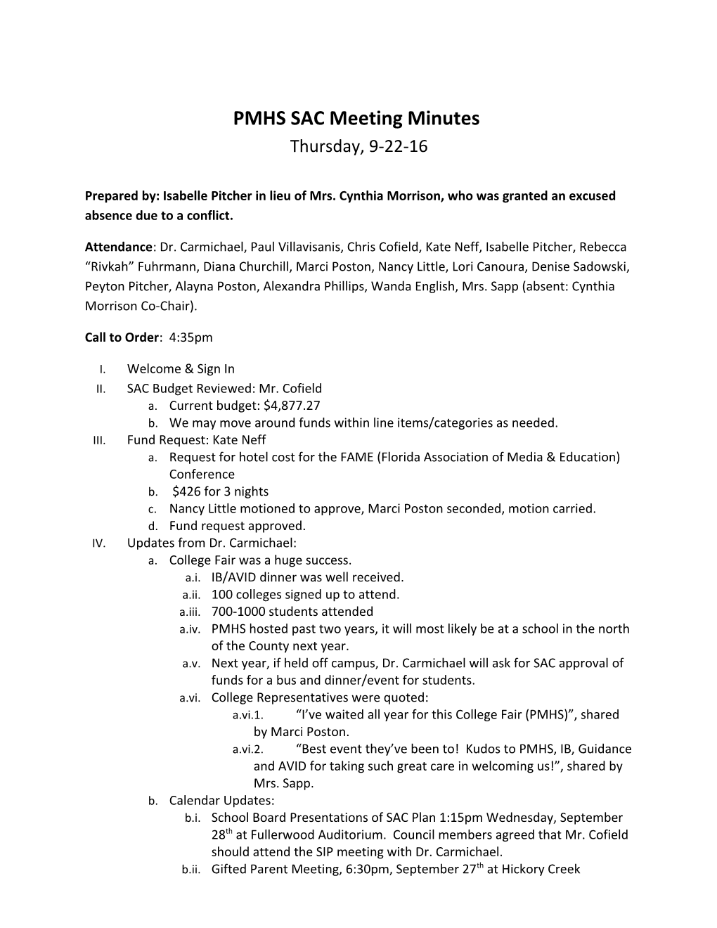PMHS SAC Meeting Minutes