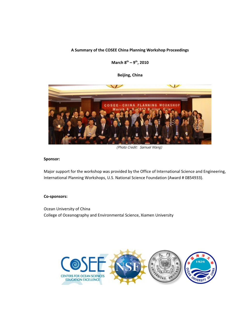 A Summary of the COSEE China Planning Workshop Proceedings