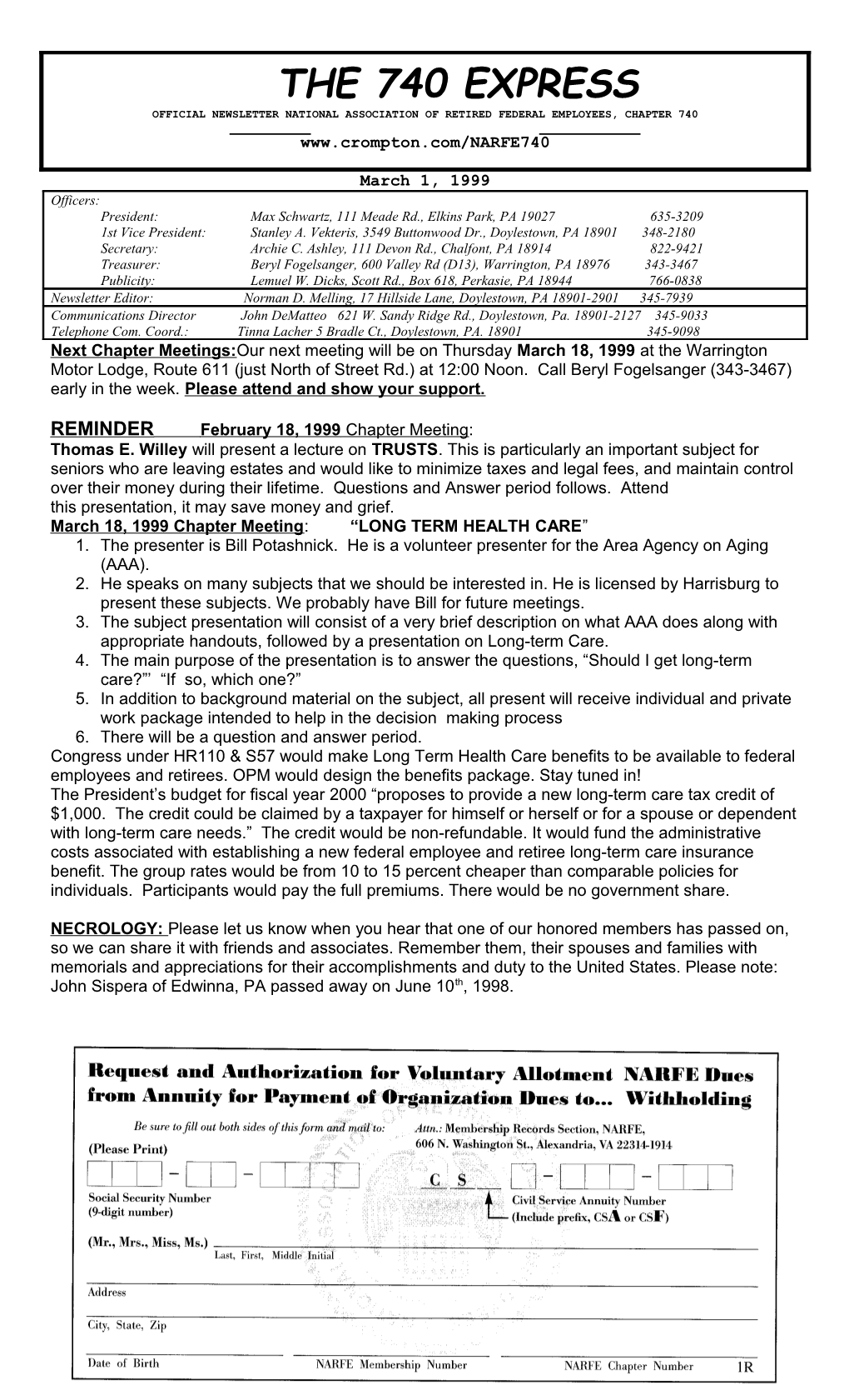 Reminderfebruary 18, 1999 Chapter Meeting