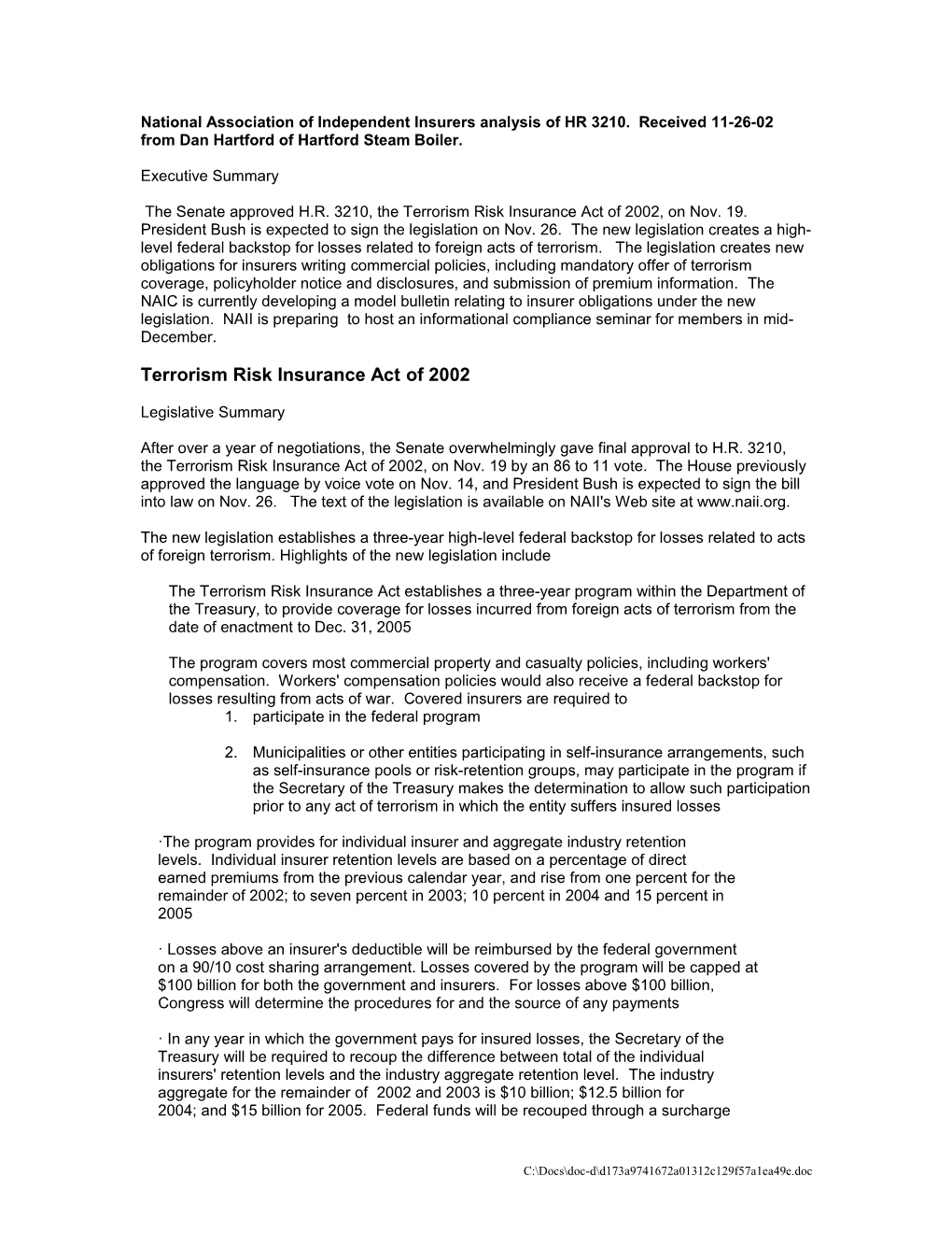 National Association of Independent Insurers Analysis of HR 3210
