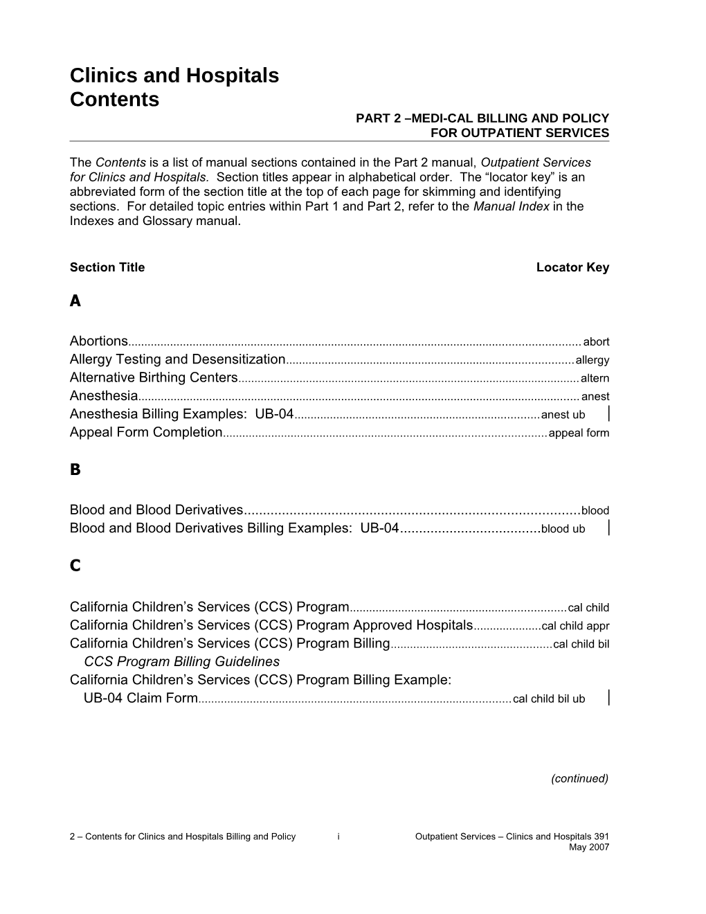 Contents (Part 2 Medi-Cal Billing and Policy): Outpatient Services for Clinics and Hospitals