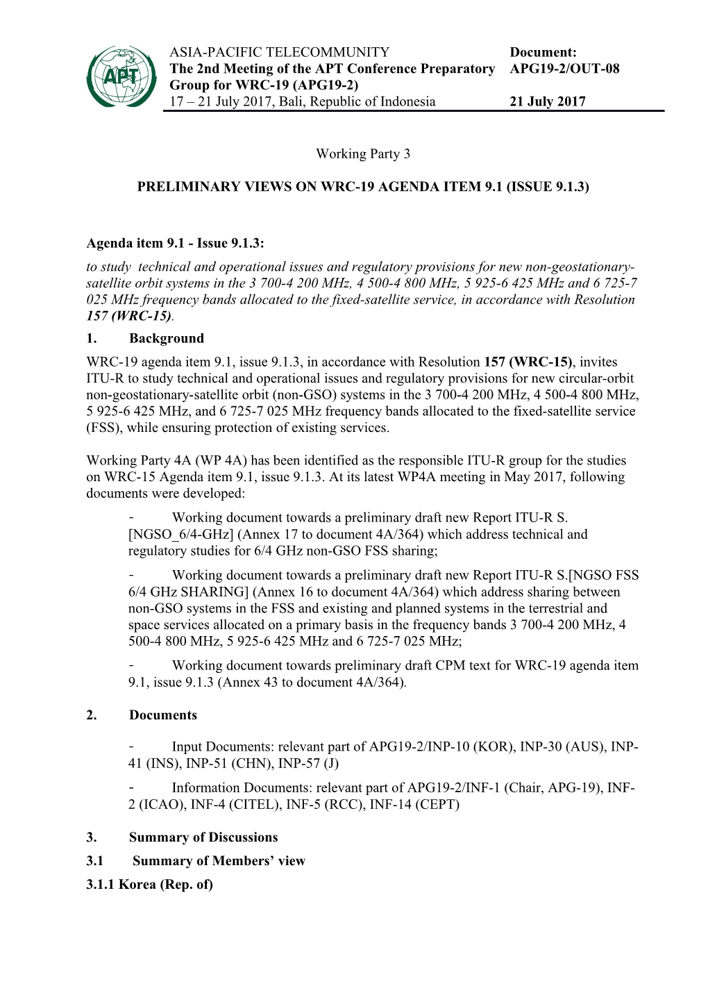 PRELIMINARY Views on WRC-19 Agenda Item 9.1 (Issue 9.1.3)