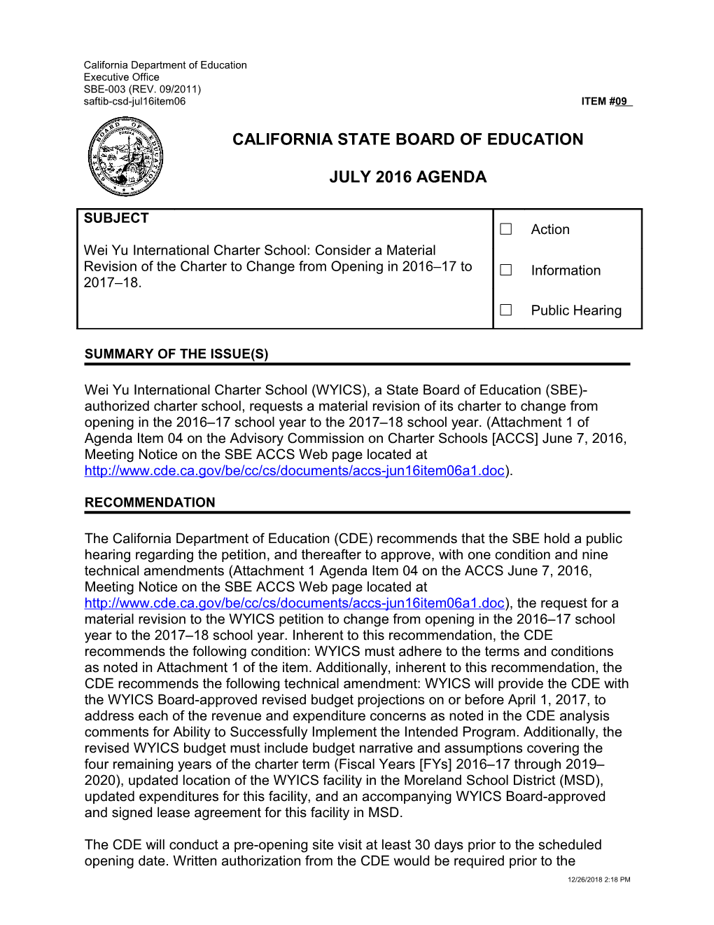 July 2016 Agenda Item 09 - Meeting Agendas (CA State Board of Education)