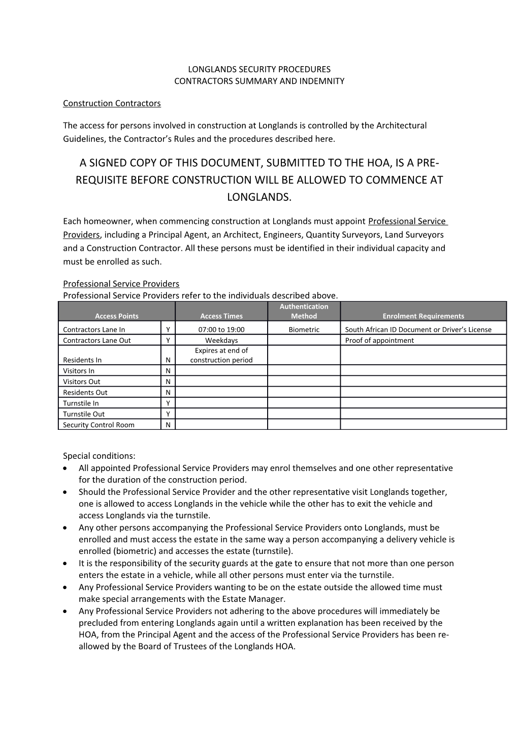 Contractors Summary and Indemnity