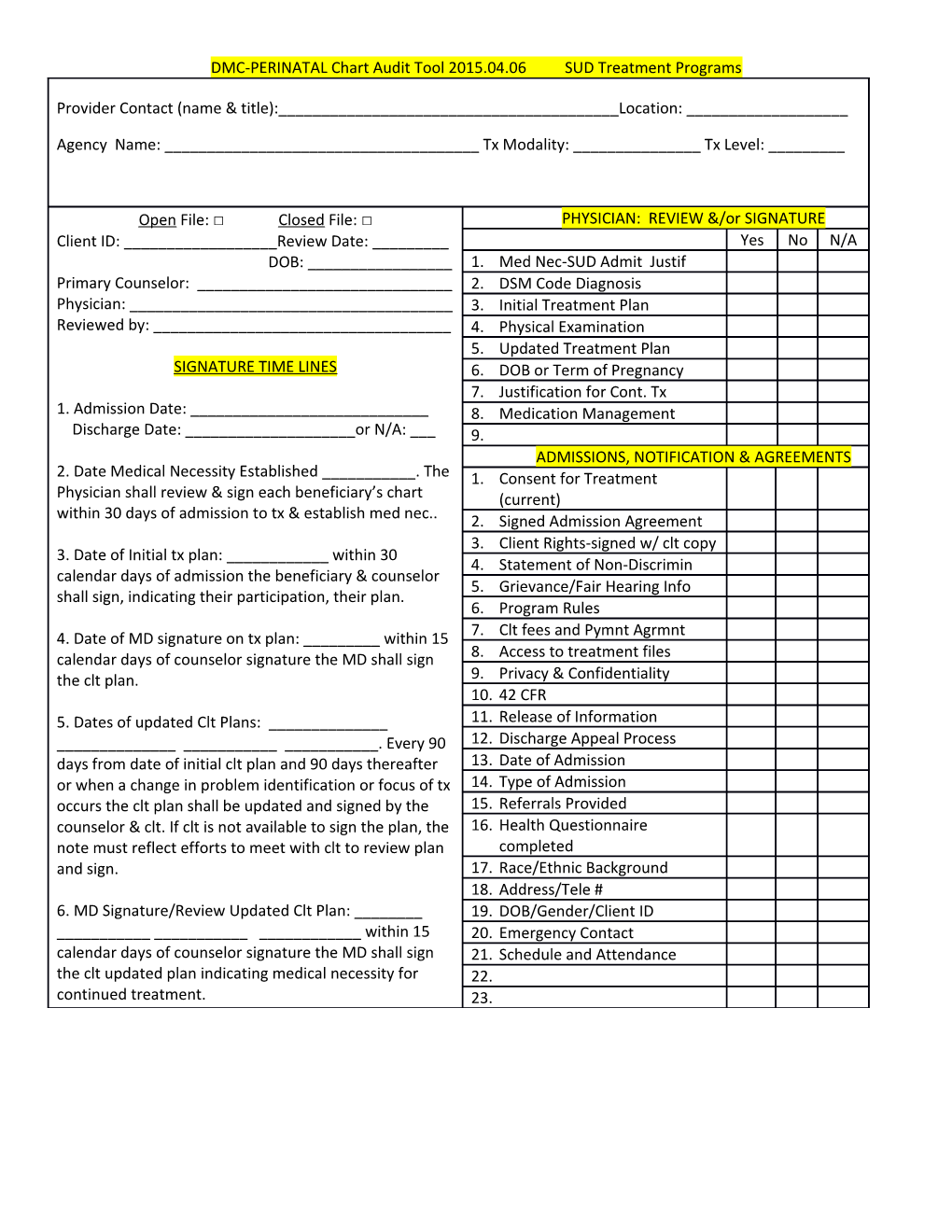 DMC-PERINATAL Chart Audit Tool 2015.04.06 SUD Treatment Programs