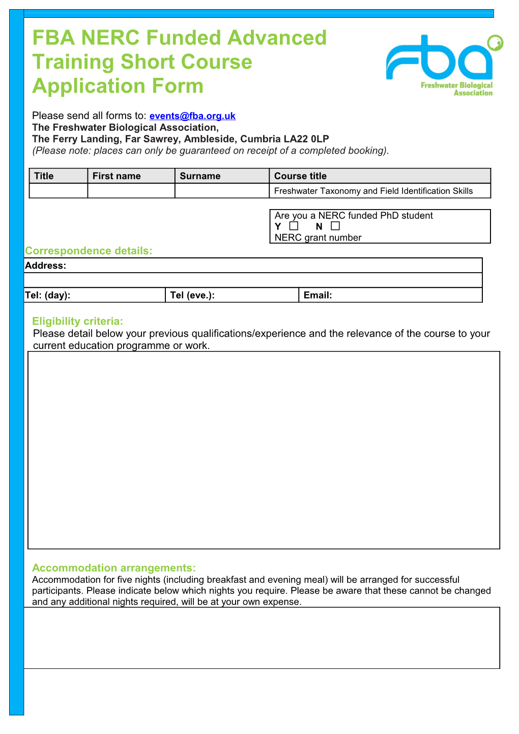 FBA Courses Booking Form