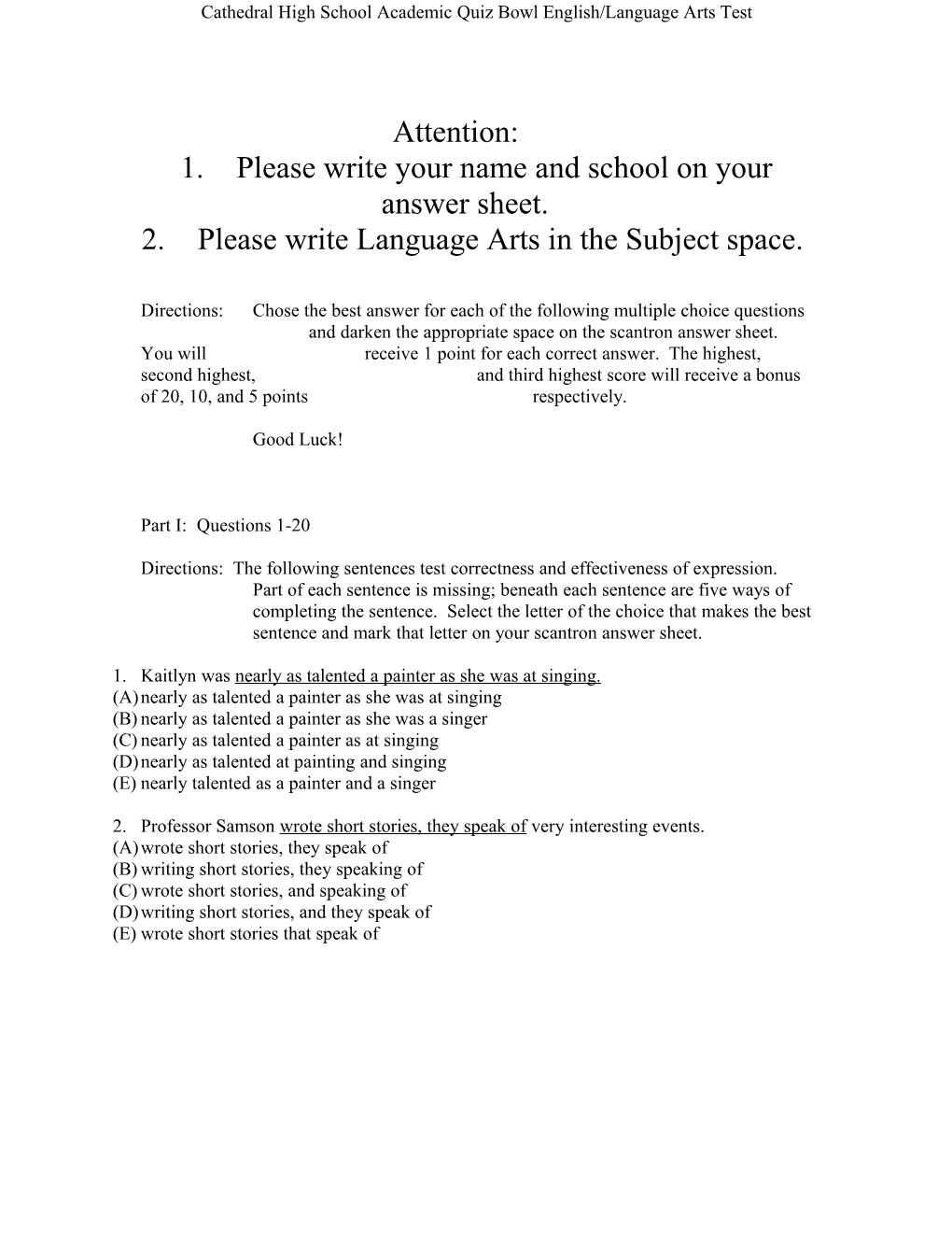 Cathedral High School Academic Quiz Bowl English/Language Arts Test