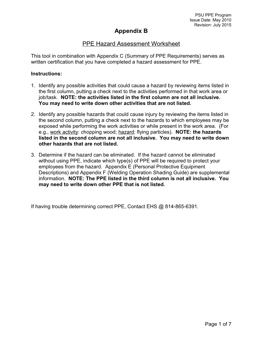 PPE Hazard Assessment Worksheet