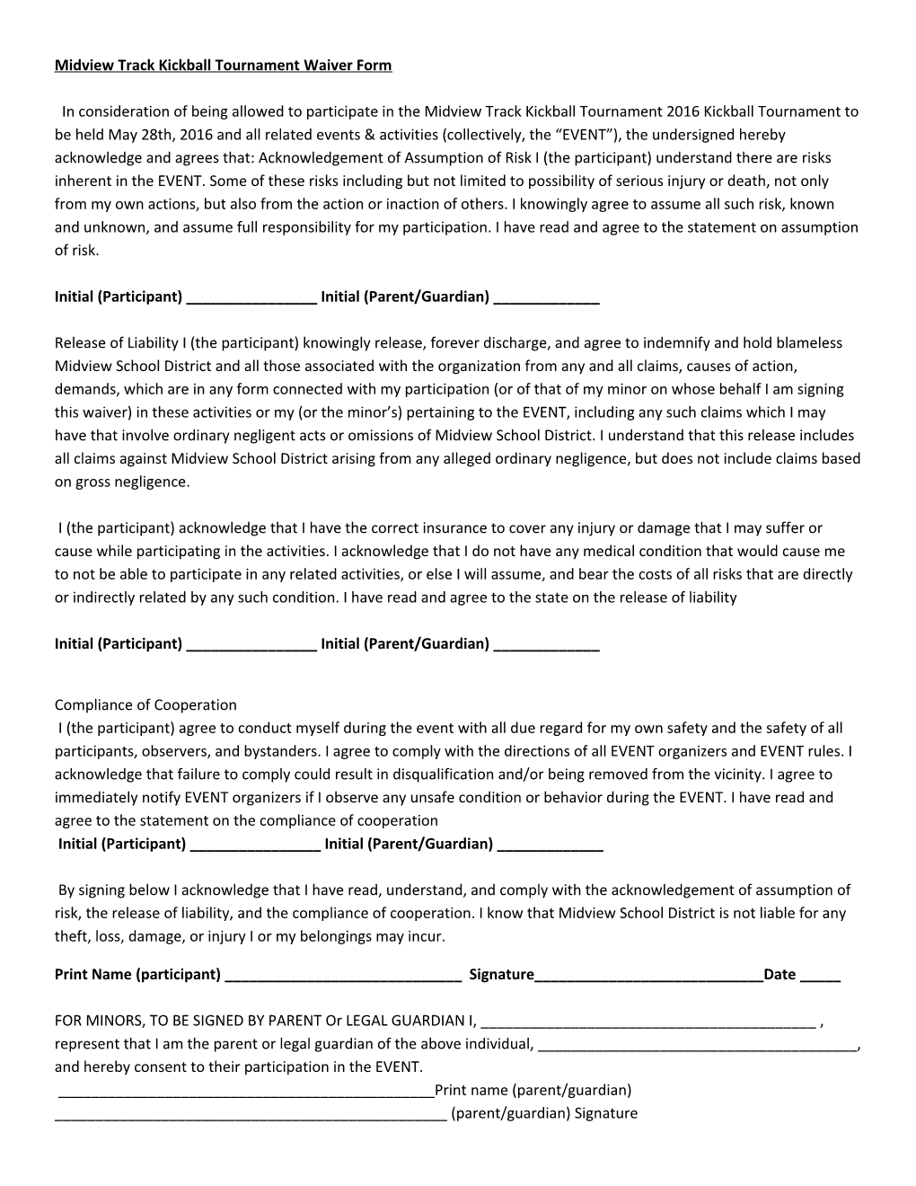 Midview Track Kickball Tournament Waiver Form in Consideration of Being Allowed to Participate