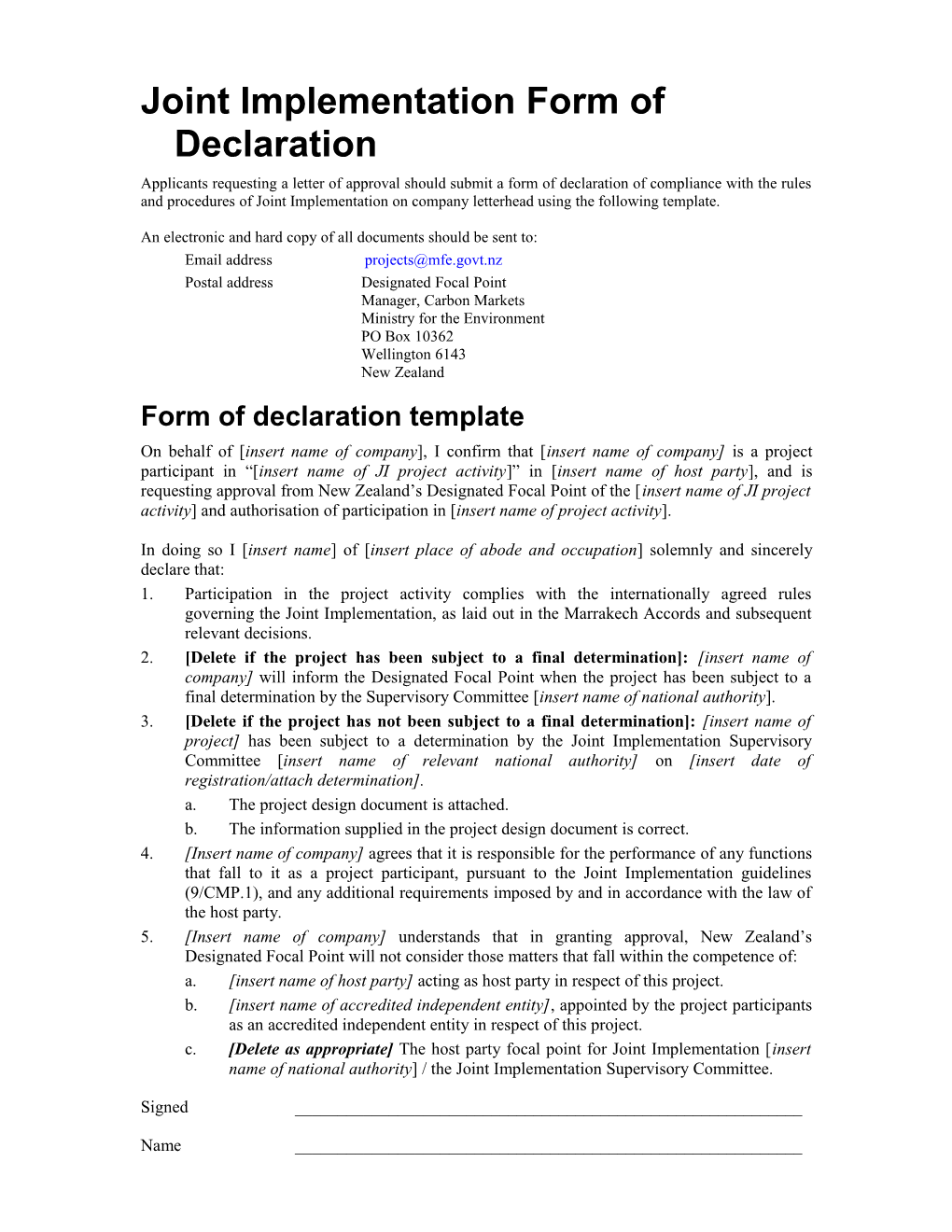 Joint Implementation Form of Declaration FINAL