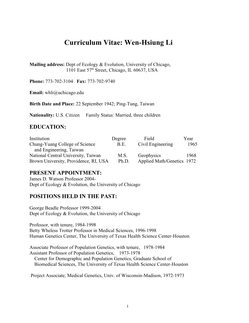 Curriculum Vitae: Wen-Hsiung Li