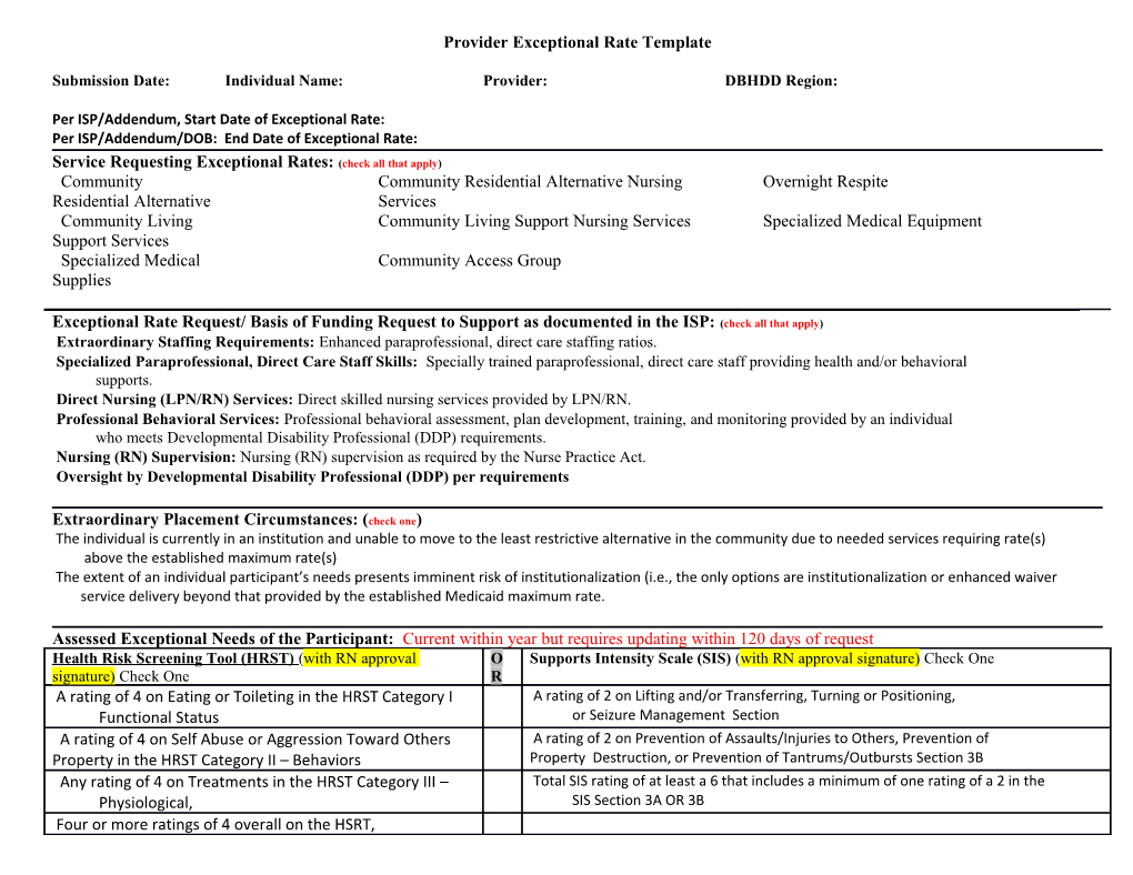 Provider Exceptional Rate Template