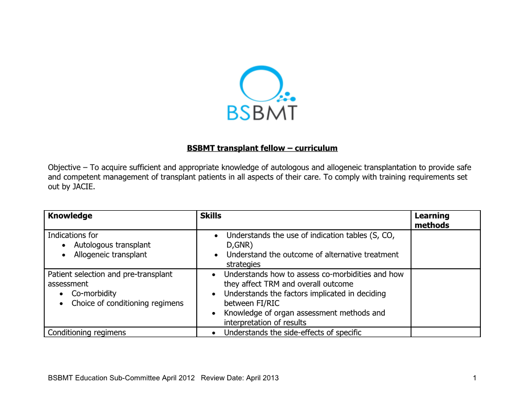 BSBMT Transplant Fellow Curriculum