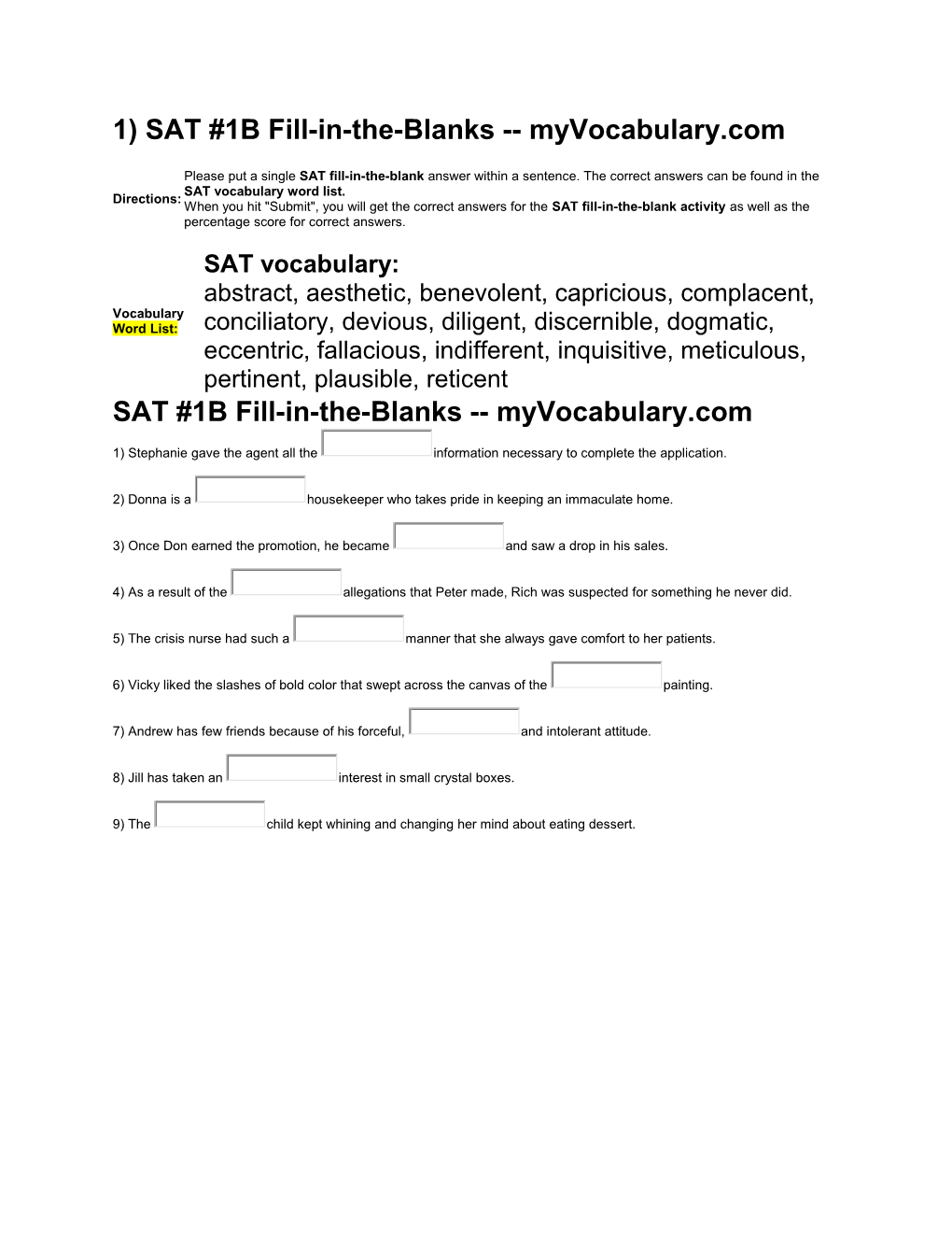 1) SAT #1B Fill-In-The-Blanks Myvocabulary.Com