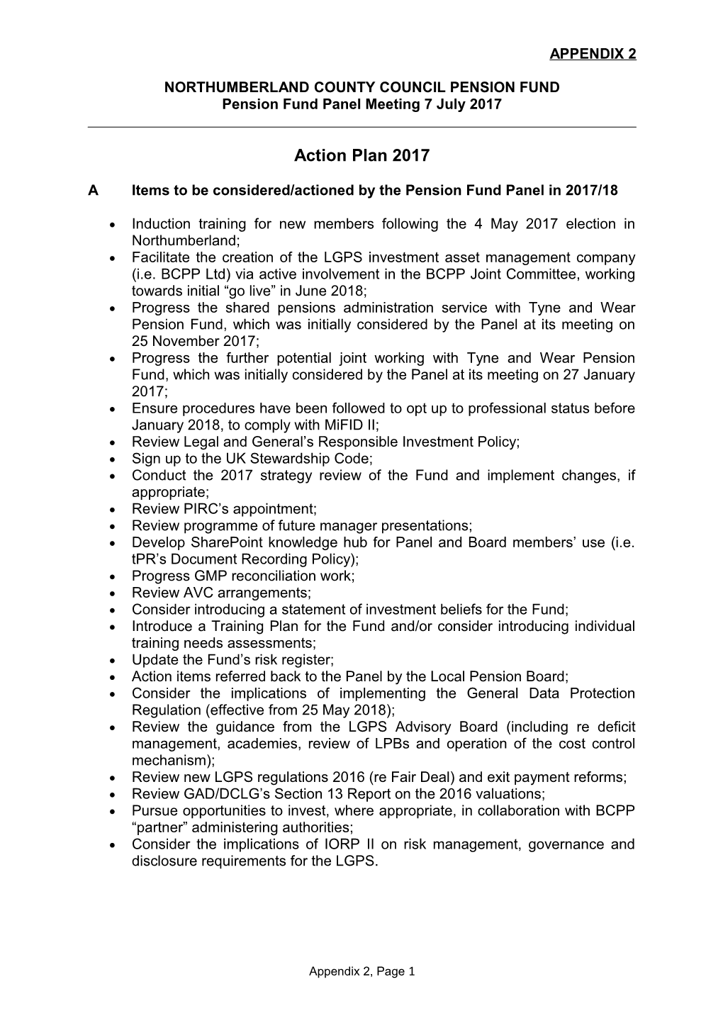 Aitems to Be Considered/Actioned by the Pension Fund Panel in 2017/18