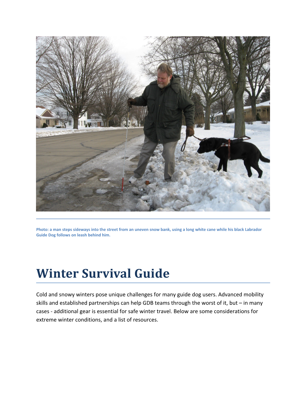 Photo: a Man Steps Sideways Into the Street from an Uneven Snow Bank, Using a Long White