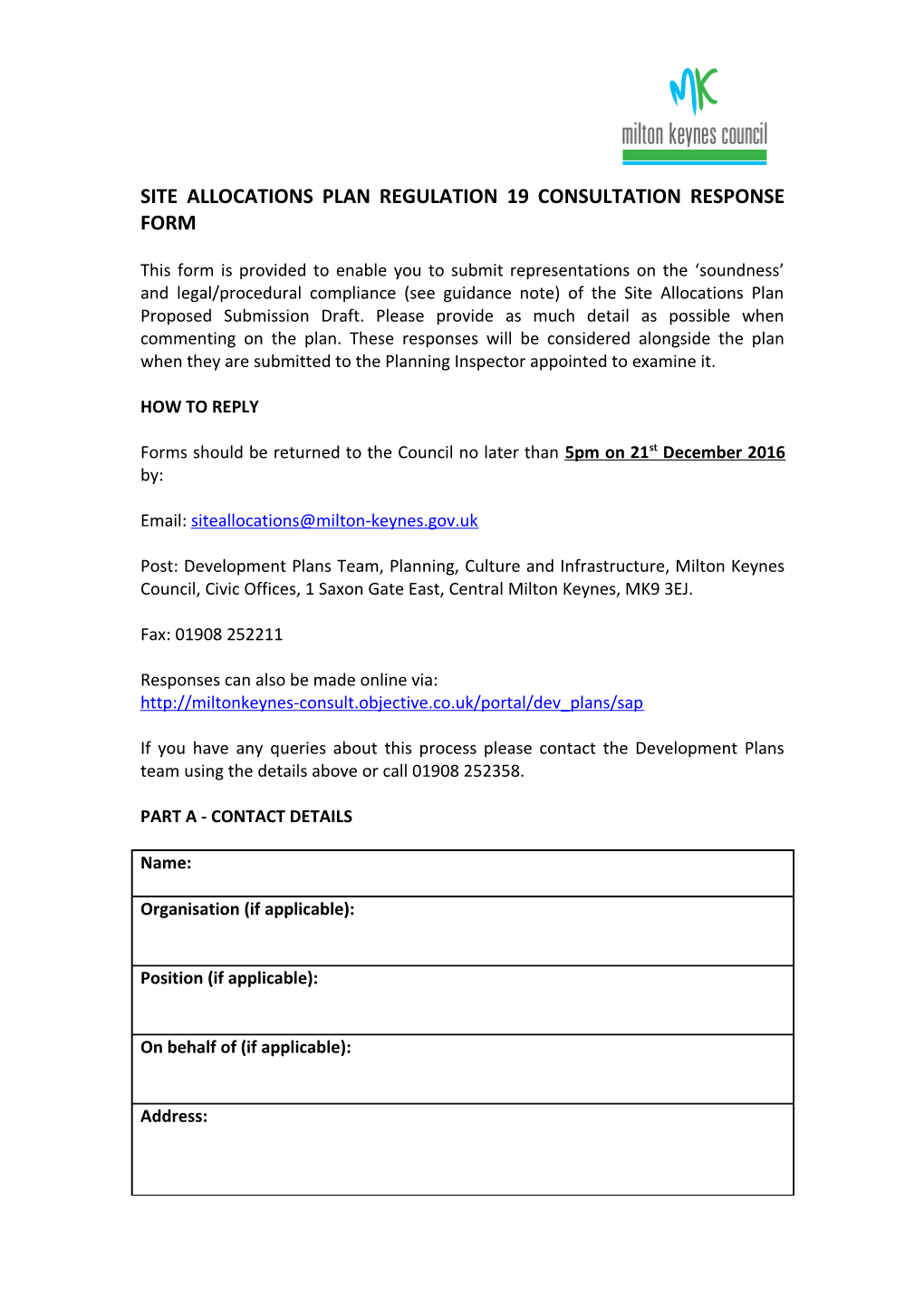Site Allocationsplan Regulation 19 Consultation Response Form