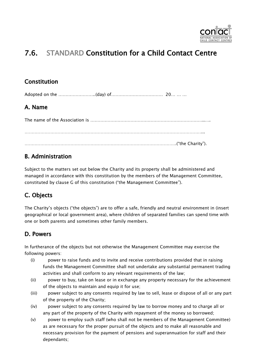 7.6.STANDARD Constitution for a Child Contact Centre