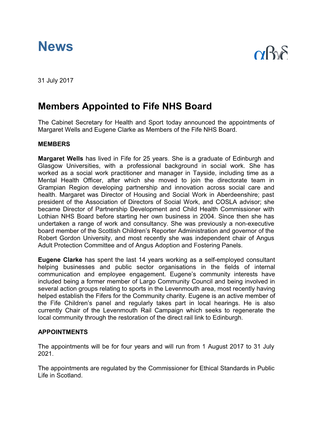 Membersappointed to Fife NHS Board