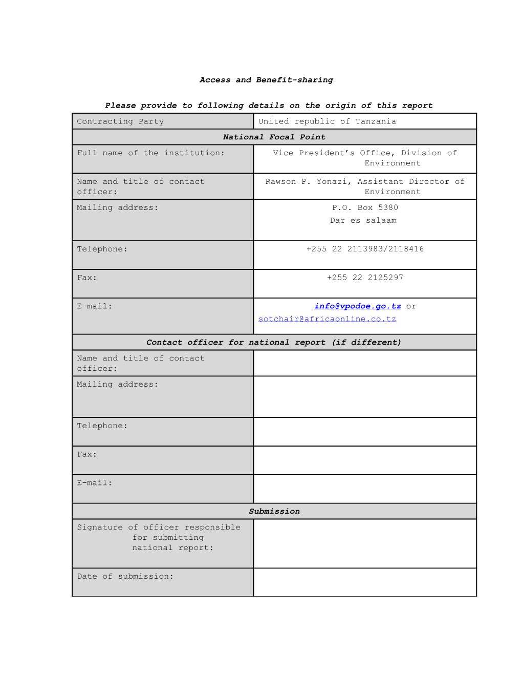 CBD Thematic Report on Access and Benefit-Sharing - United Republic of Tanzania (English