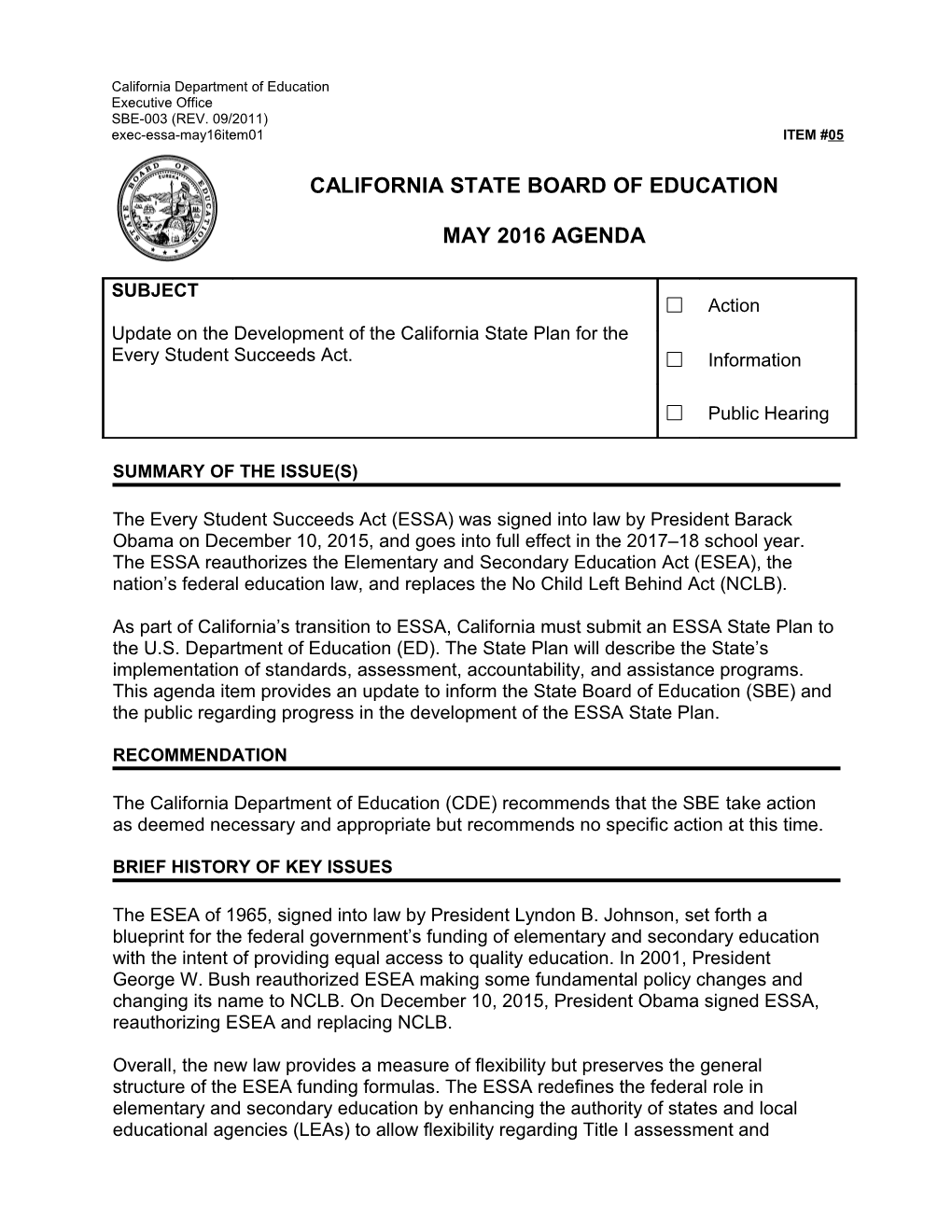 May 2016 Agenda Item 05 - Meeting Agendas (CA State Board of Education)