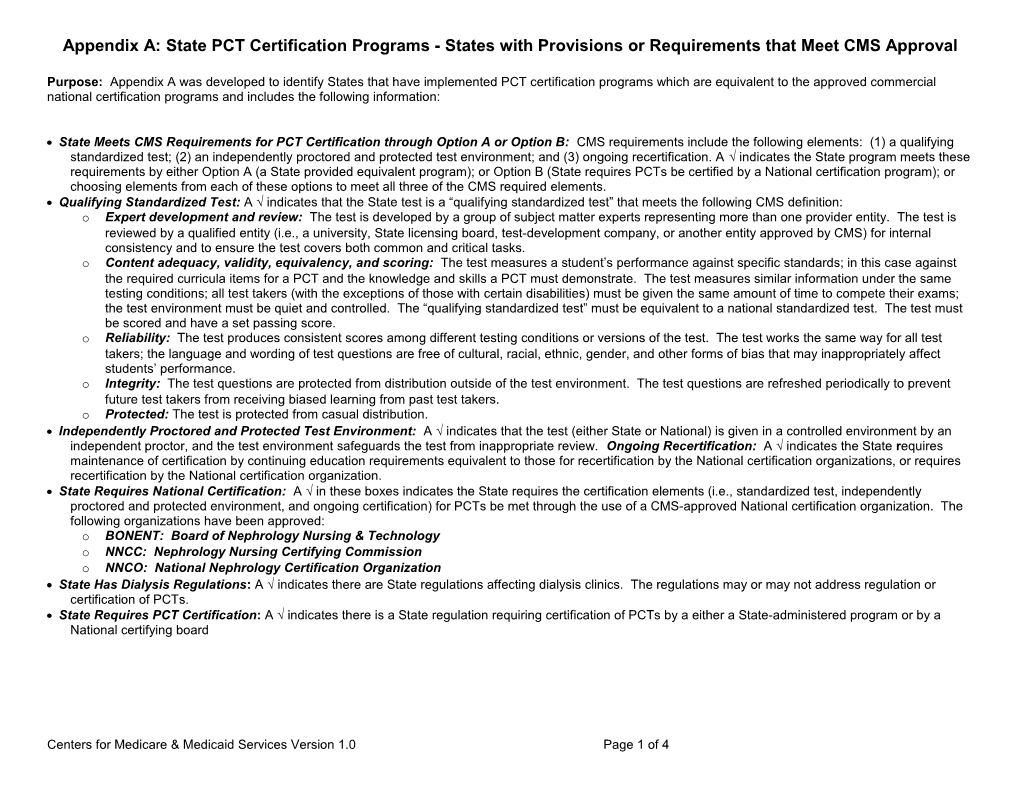 Appendix A: State PCT Certification Programs - States with Provisions Or Requirements That