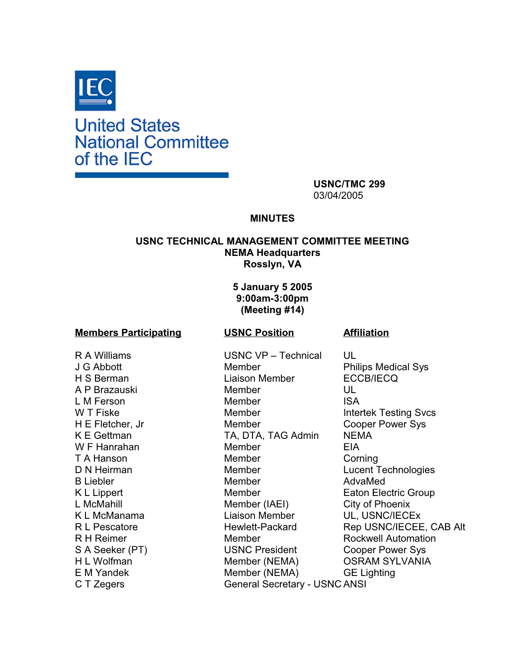 TMC 299 - Minutes from the 5 January 2005 Meeting at NEMA