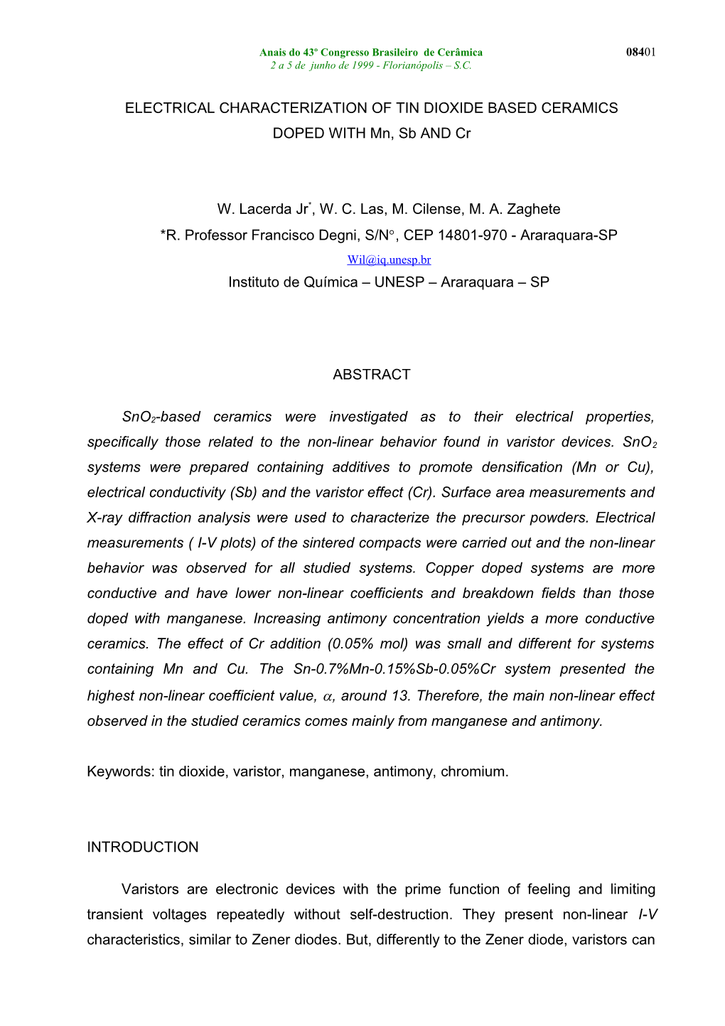 Electrical Characterization of Tin Dioxide Based Ceramics