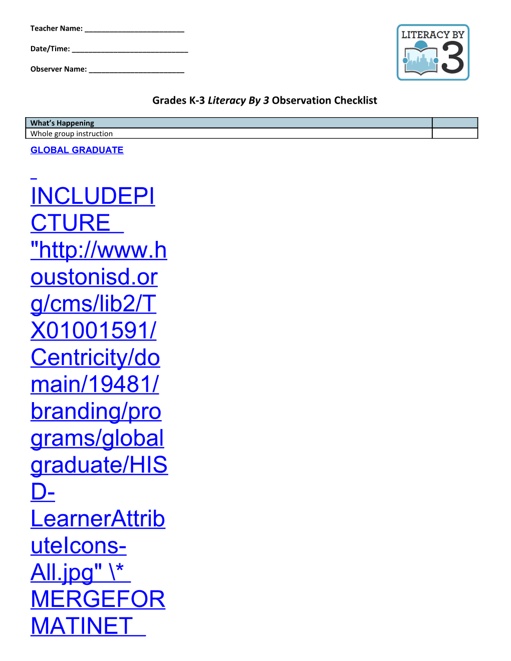 Grades K-3 Literacy by 3 Observation Checklist