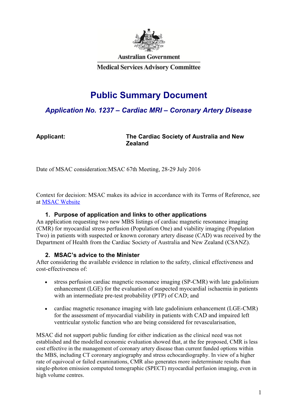 Application No. 1237 Cardiac MRI Coronary Artery Disease