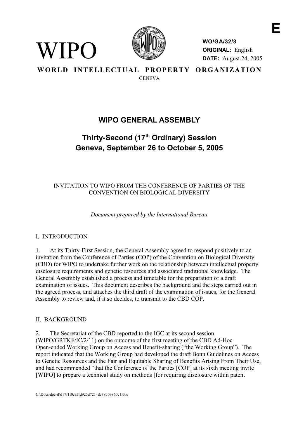 WO/GA/32/8: Invitation to WIPO from the Conference of Parties of the Convention on Biological