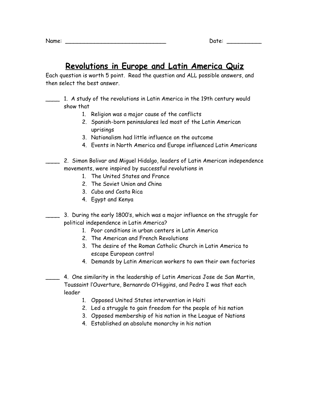 Revolutions in Europe and Latin America Quiz