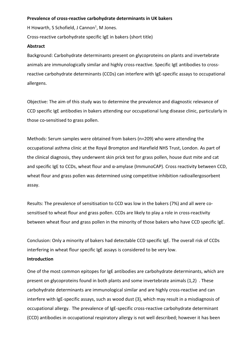 Prevalence of Cross-Reactive Carbohydrate Determinants in UK Bakers