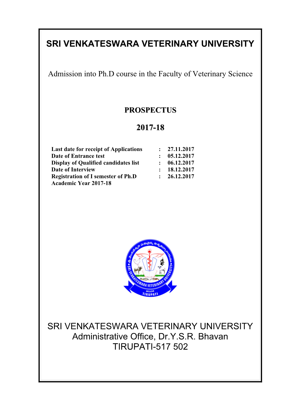 Admission Into Ph.D Course in the Faculty of Veterinary Science