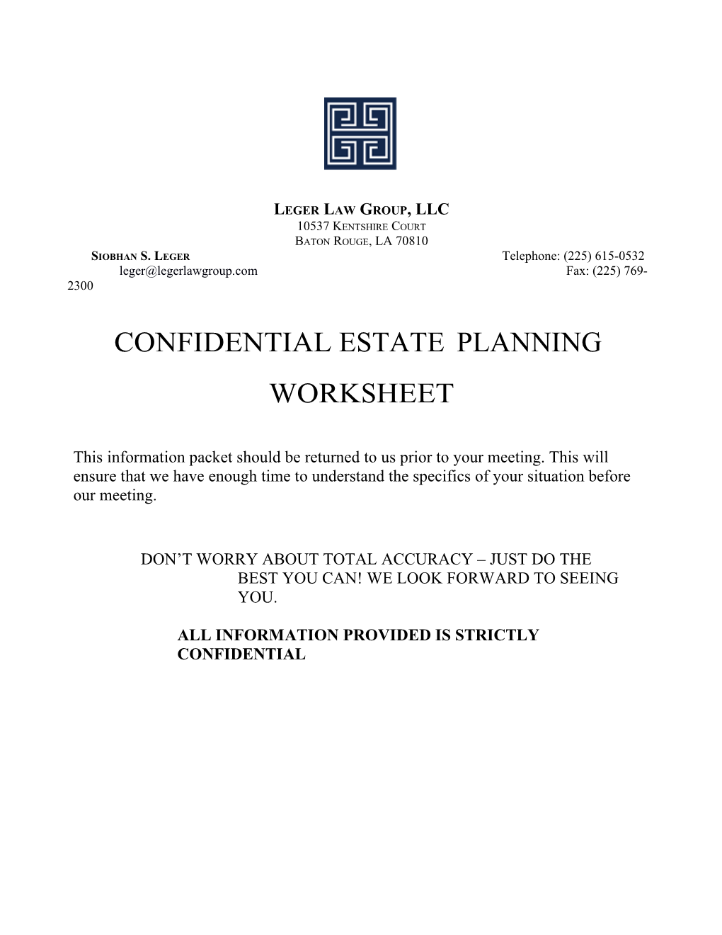 Confidential Estate Planning & Asset Protection Worksheet