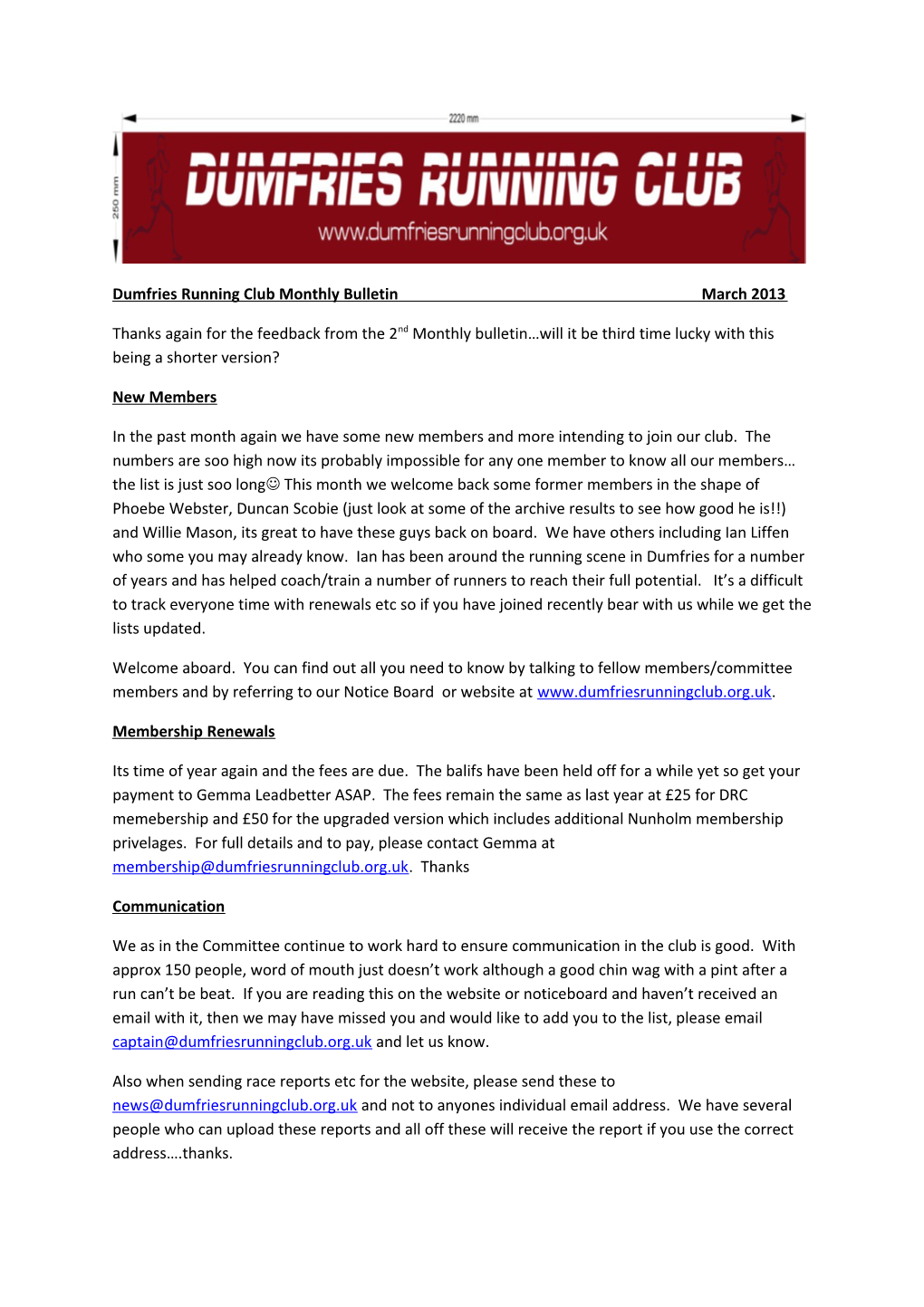 Dumfries Running Club Monthly Bulletin March 2013