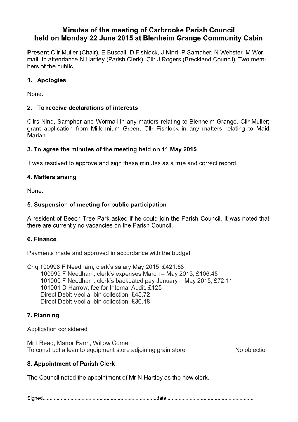 Minutes of the Meeting of Carbrooke Parish Council