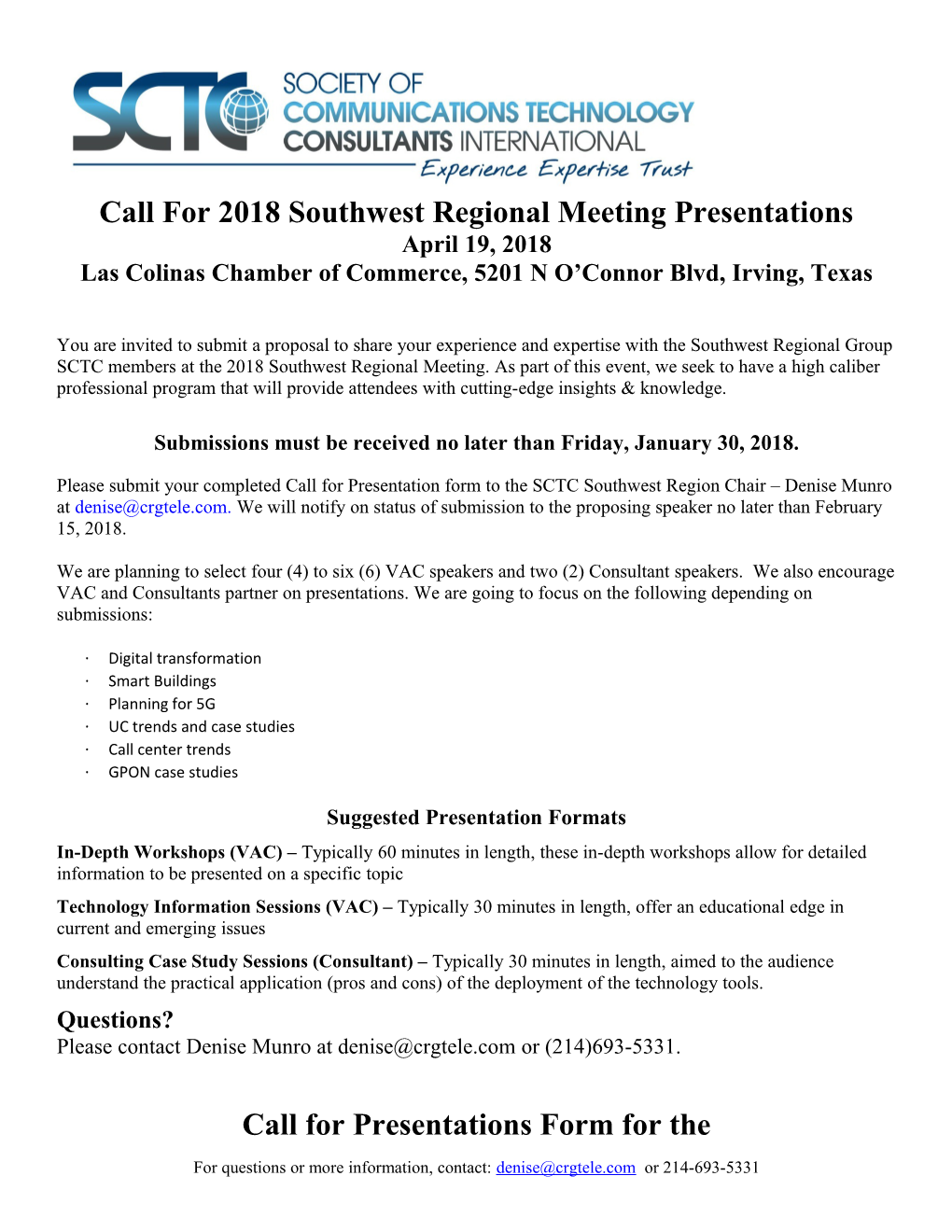 Call for 2018 Southwest Regional Meeting Presentations April 19, 2018 Las Colinas Chamber