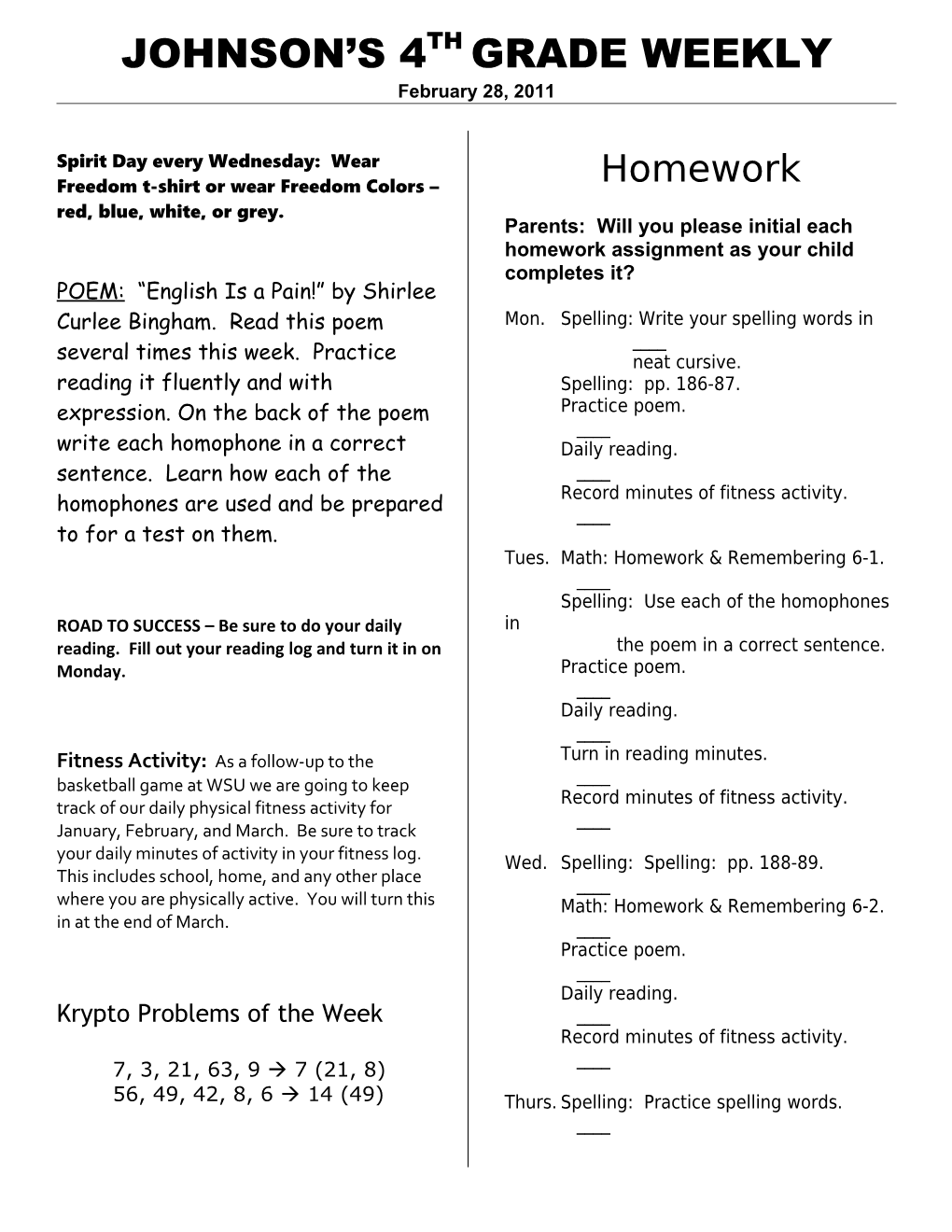 Johnson S 4Th Grade Weekly