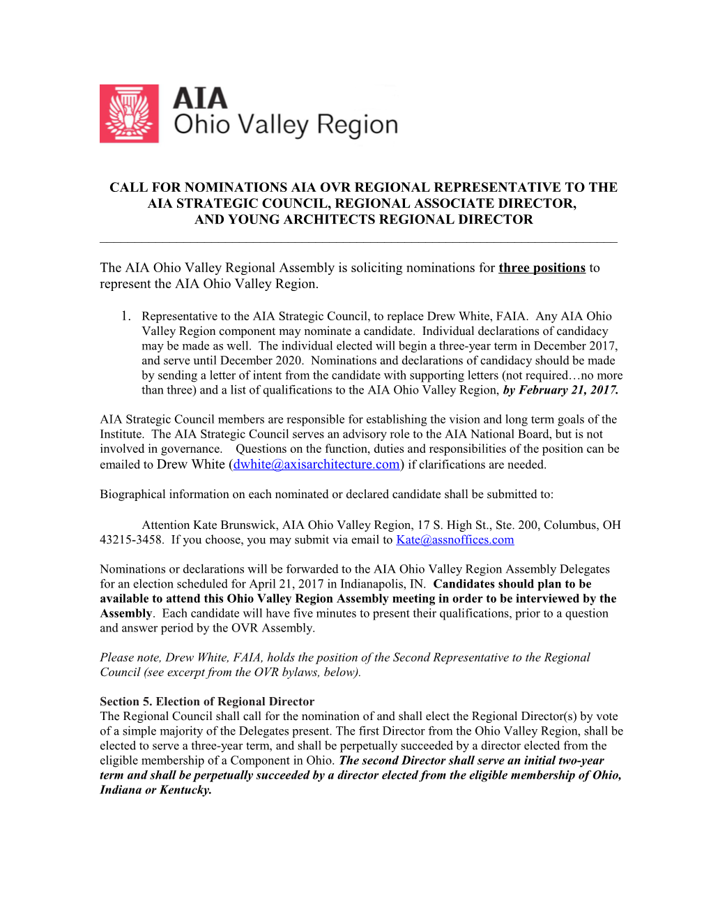 Call for Nominations Aia Ovr Regional Representative to the Aia Strategic Council, Regional