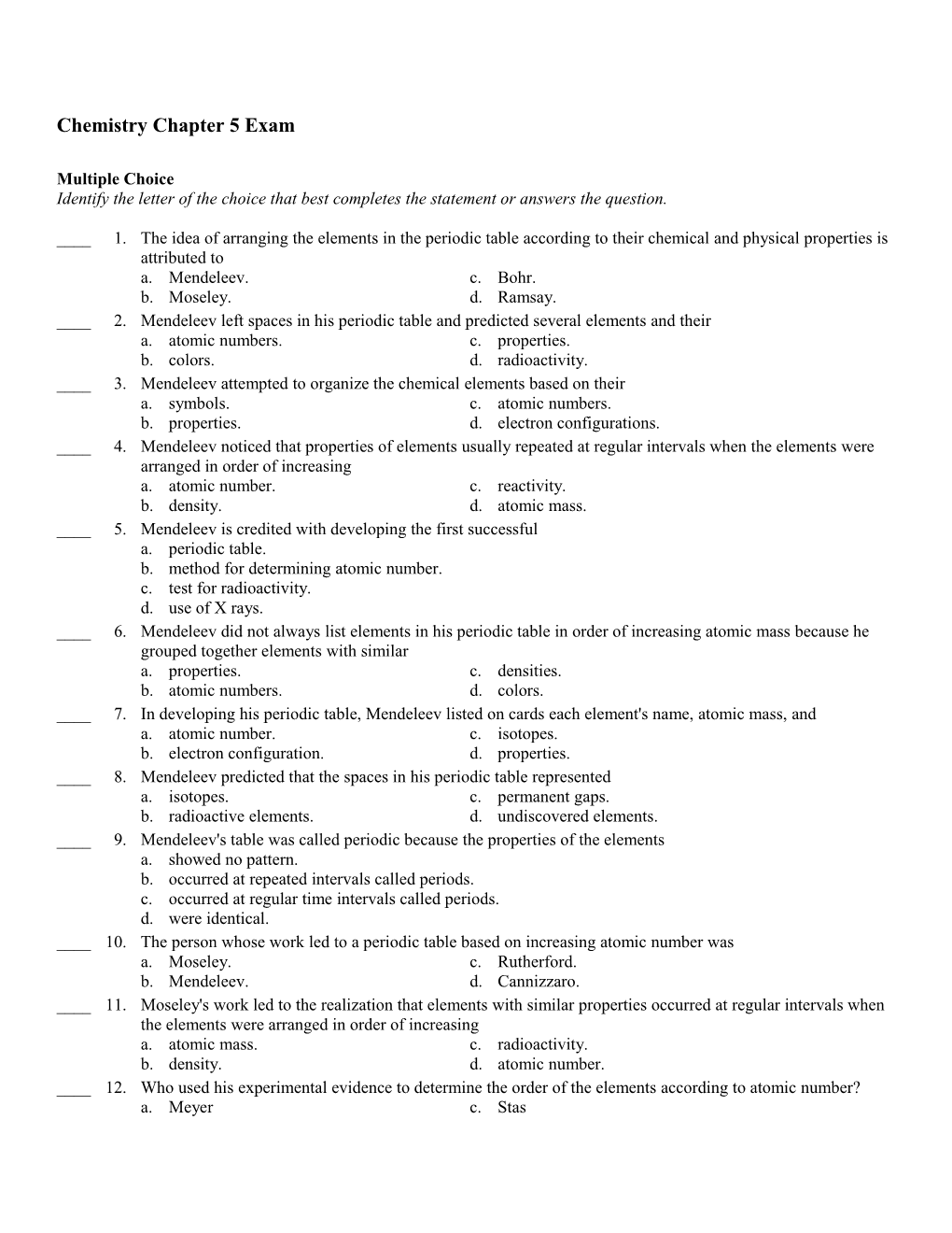 Chemistry Chapter 5 Exam