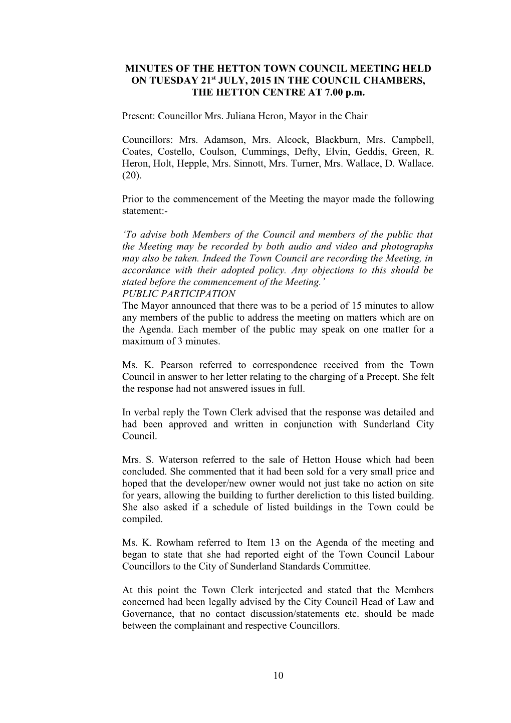 MINUTES of the HETTON TOWN COUNCIL MEETING HELD on MONDAY 1St MARCH, 2010 in the COUNCIL