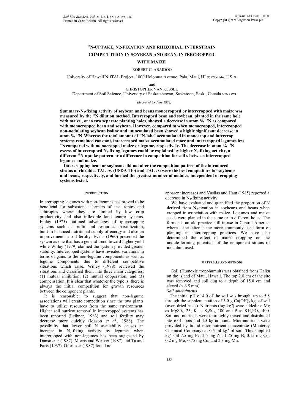 Soil Mot Biochem. Vol. 21, No. I, Pp. 155159, 1989