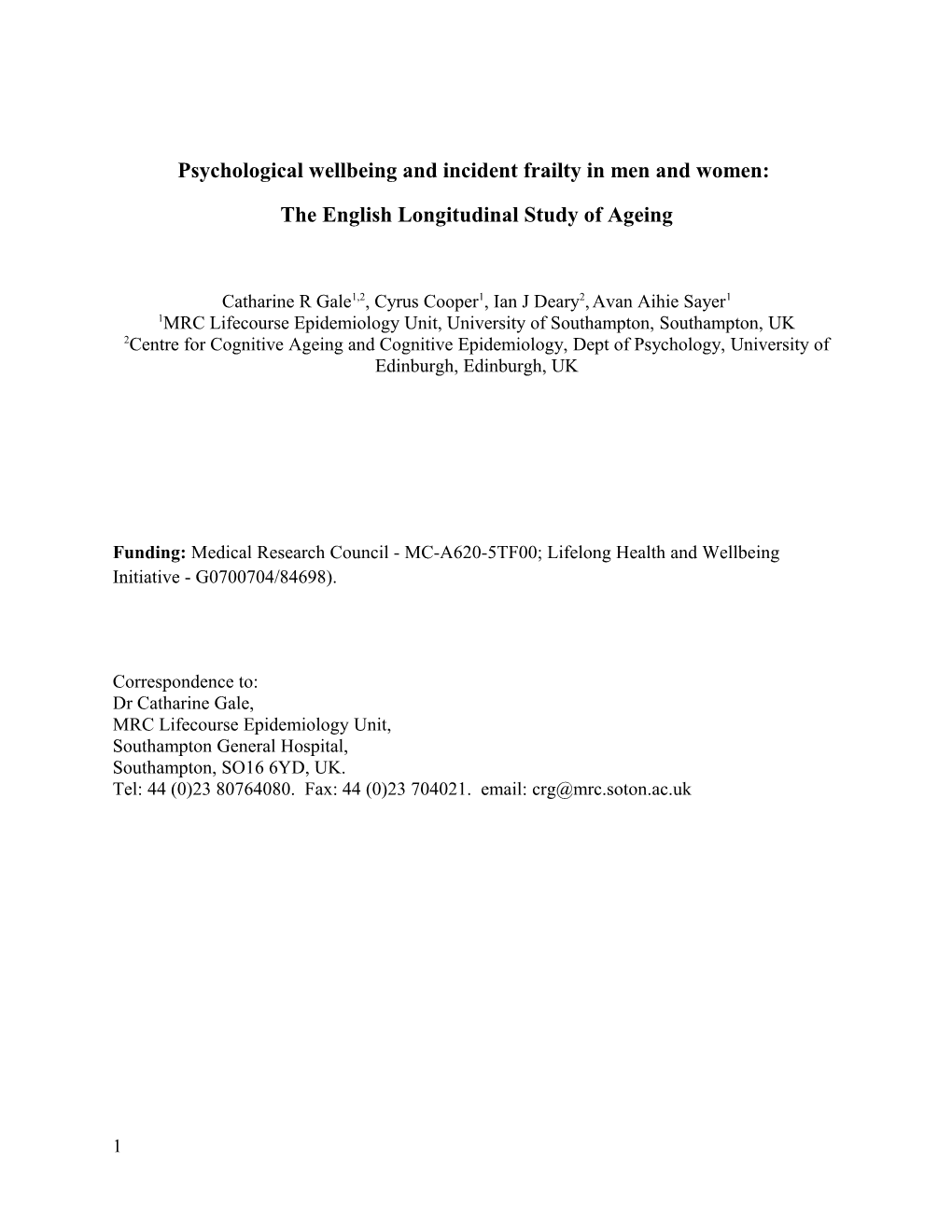 Psychological Wellbeing and Incident Frailty in Men and Women