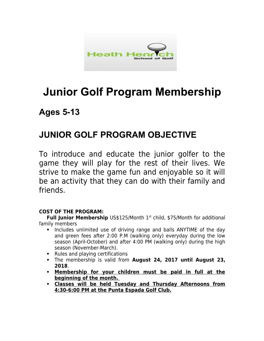Junior Golf Program Membership