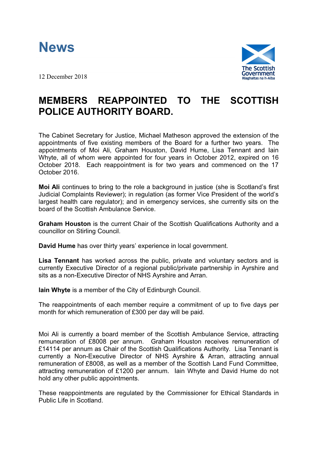 Members Reappointed to the Scottish Police Authority Board