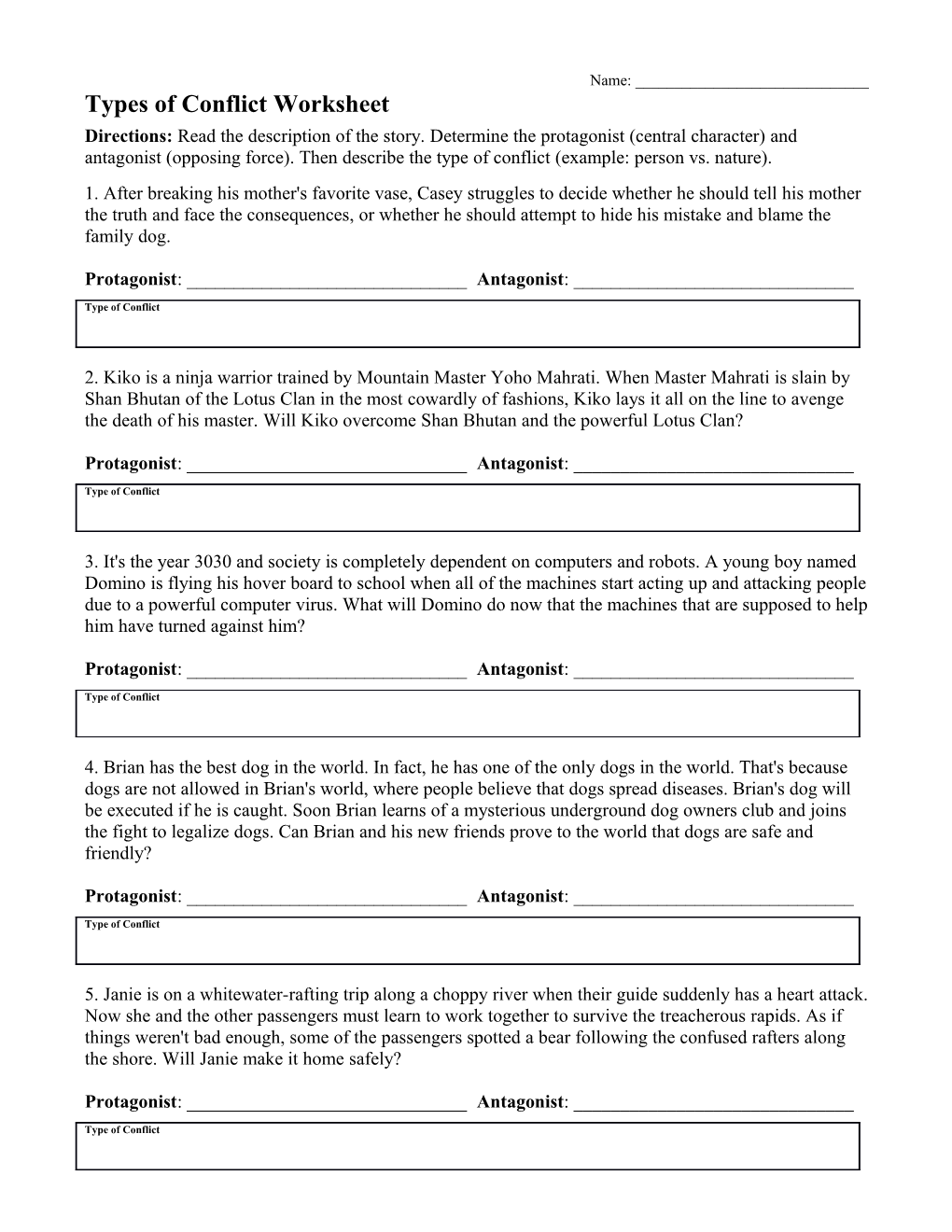 Types of Conflict Worksheet