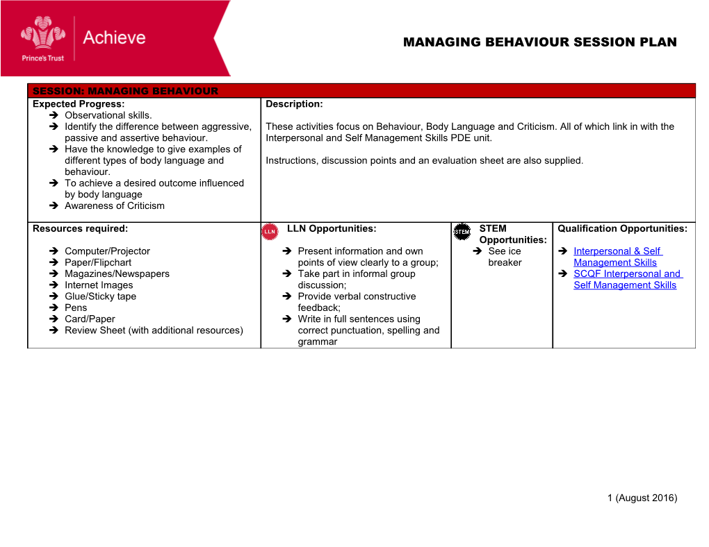 Managing Behaviour Session Plan