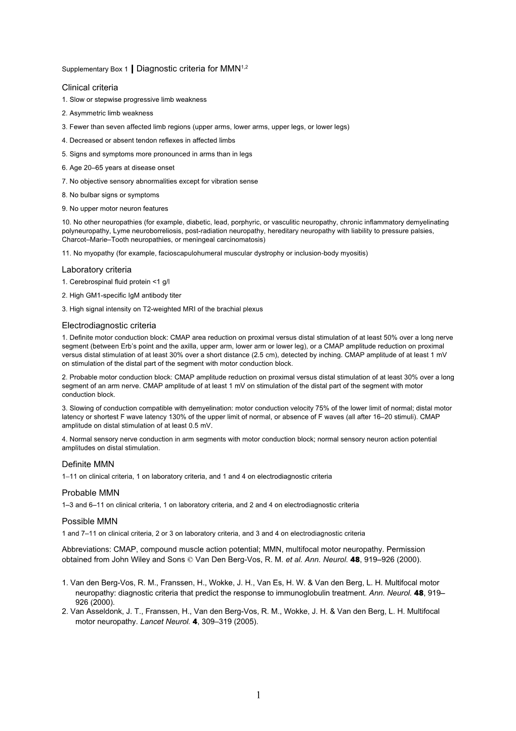 Supplementary Box 1 Diagnostic Criteria for MMN1,2