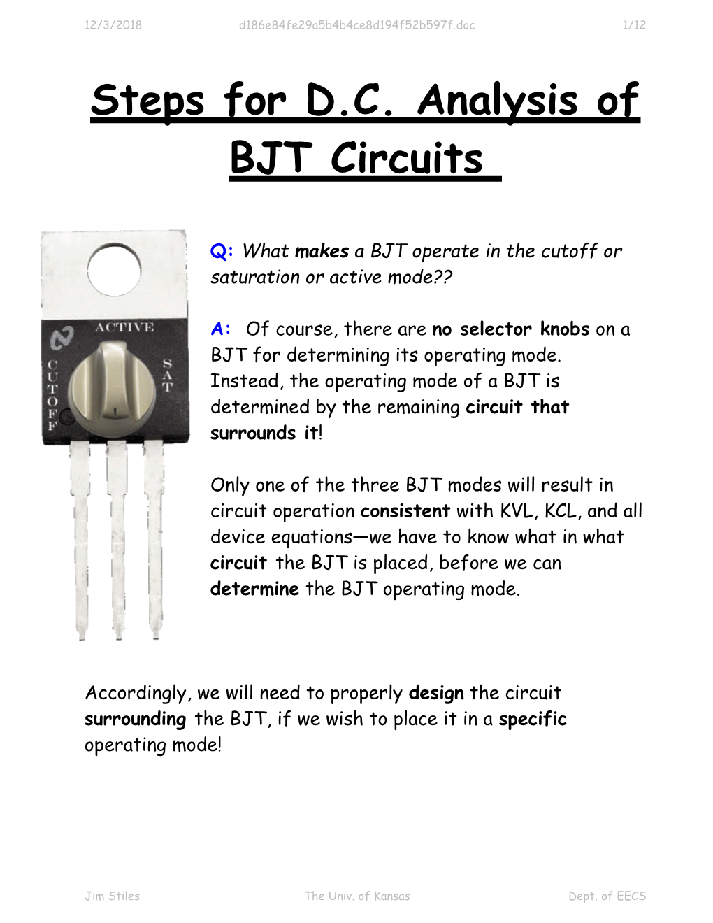 Steps for D.C. Analysis of BJT Circuits
